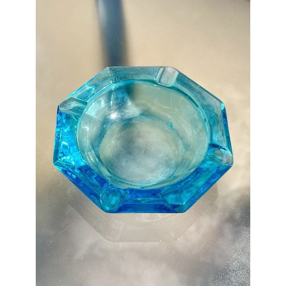 Vintage Hazel Atlas Capri Blue Glass Ash Tray Cigar Trinket Dish octagon 6 5/8